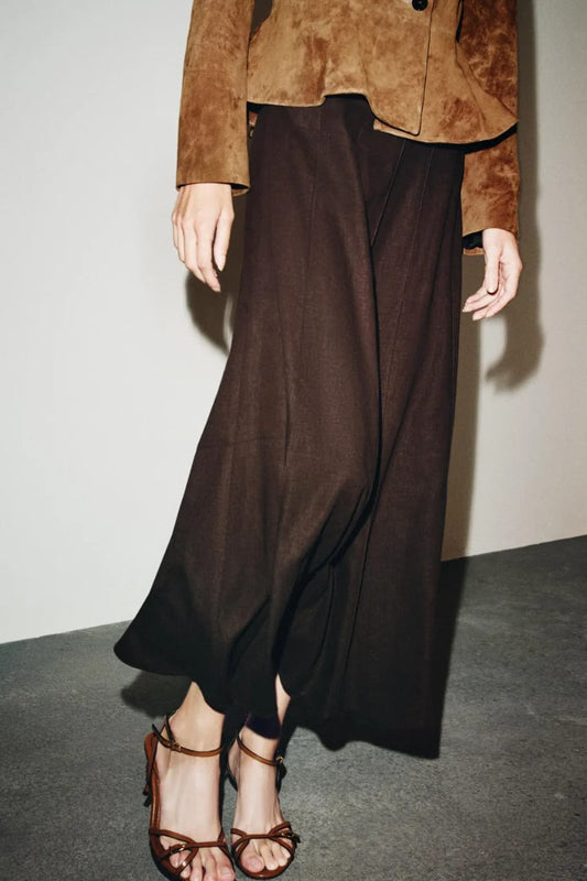 Zara Floor Length Linen Skirt Chocolate Brown