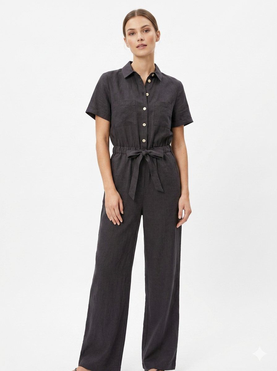 Short Sleeve Linen Blend Wash Black Jumpsuit