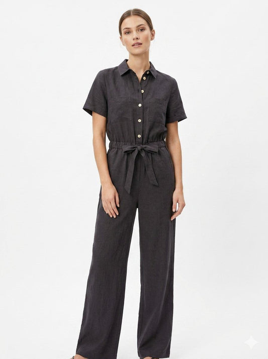 Short Sleeve Linen Blend Wash Black Jumpsuit
