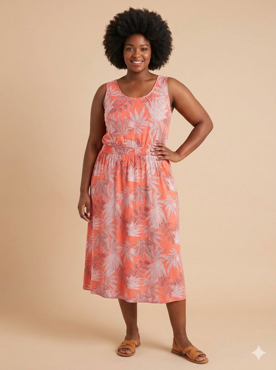 Coral Tropical Leaf Print Jersey Midi Dress
