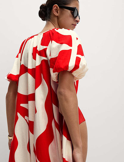 Linen Rich Printed Midi Swing Beach Dress