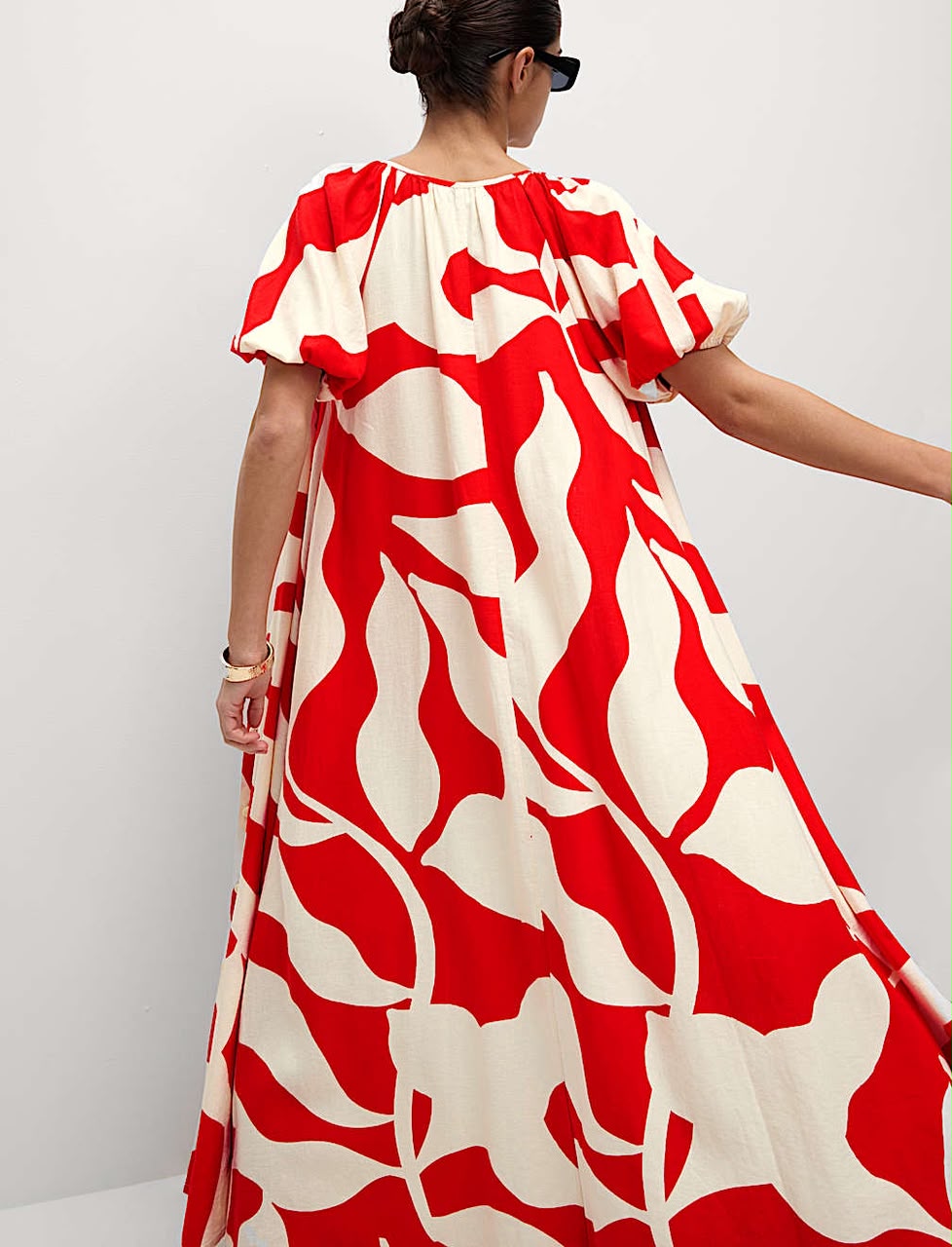 Linen Rich Printed Midi Swing Beach Dress