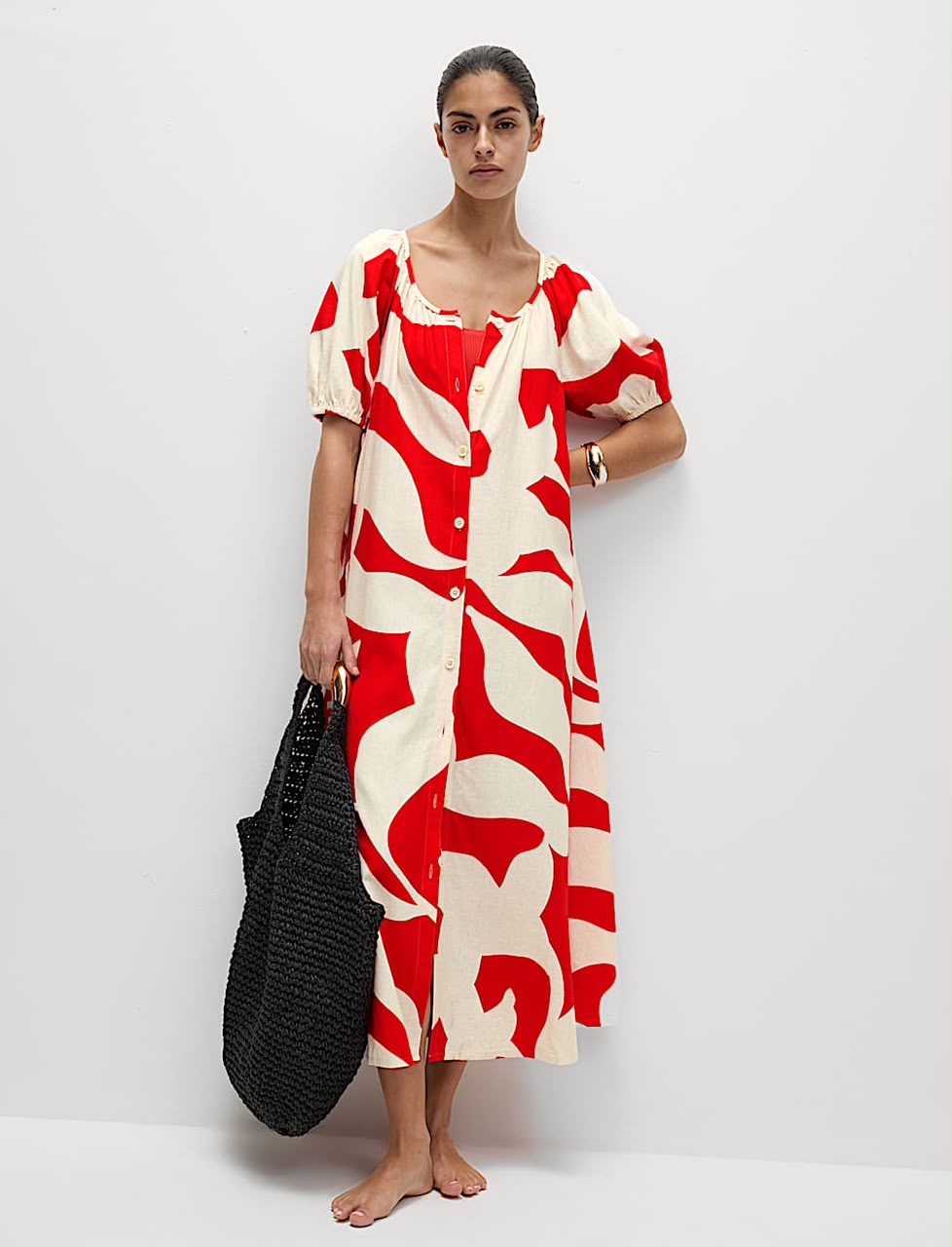 Linen Rich Printed Midi Swing Beach Dress