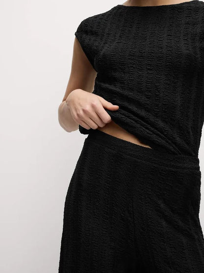 Textured Elasticated Waist Wide Leg Trouser