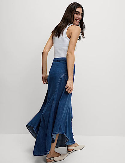 Denim High Waisted Maxi Asymmetric Skirt