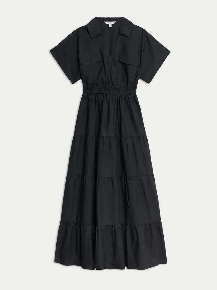 Pure Cotton V-Neck Midaxi Tiered Shirt Dress