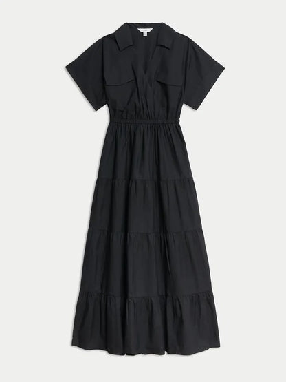 Pure Cotton V-Neck Midaxi Tiered Shirt Dress