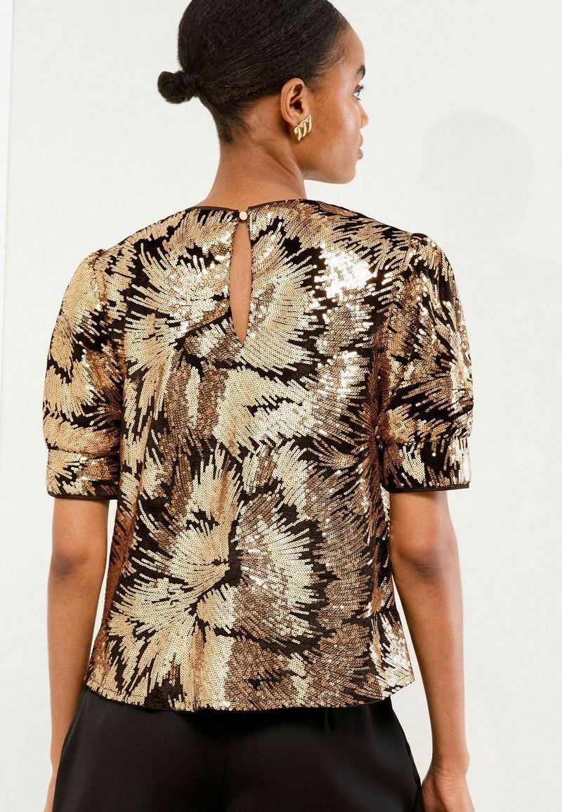 Puff Sleeve Black Velvet Gold Sequin Blouse