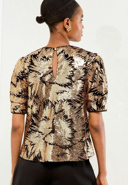 Puff Sleeve Black Velvet Gold Sequin Blouse