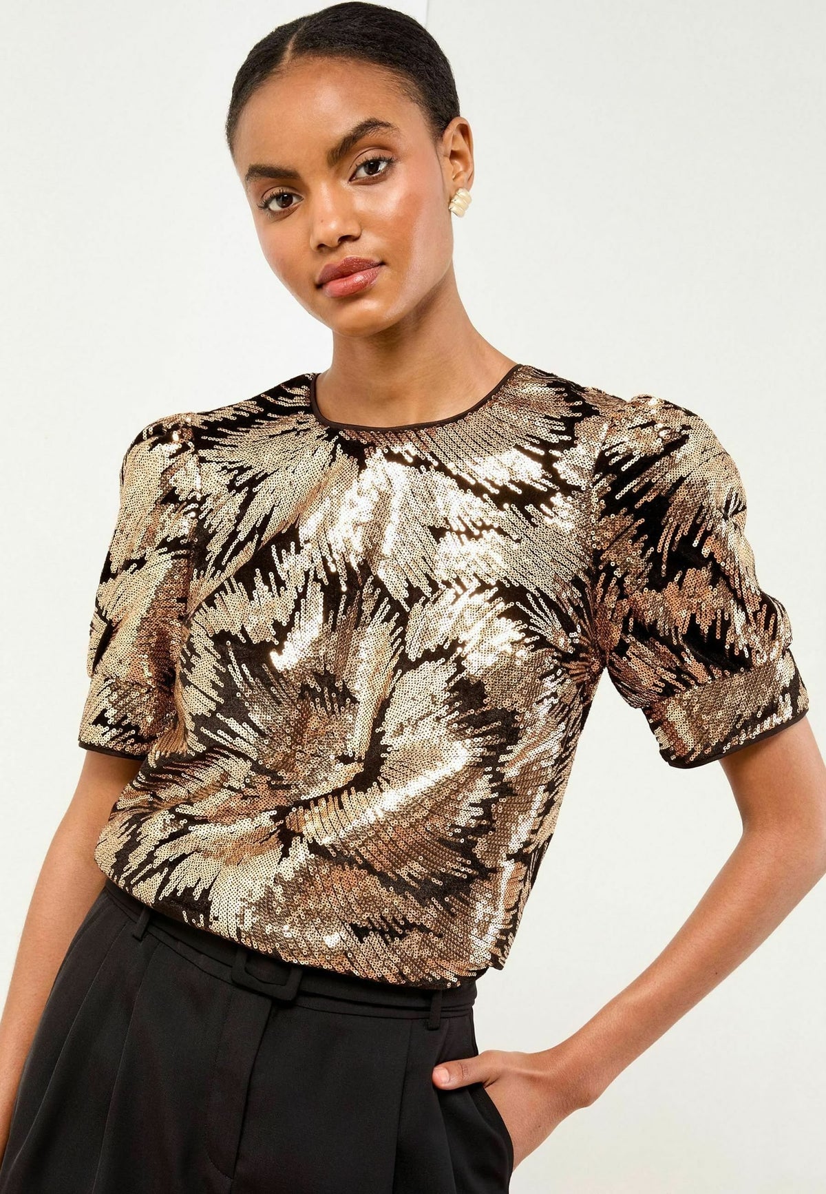 Puff Sleeve Black Velvet Gold Sequin Blouse