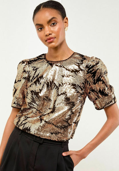 Puff Sleeve Black Velvet Gold Sequin Blouse