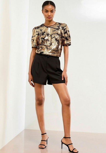 Puff Sleeve Black Velvet Gold Sequin Blouse