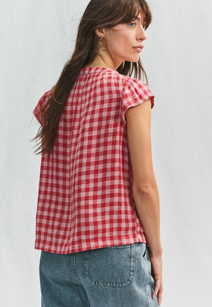 Blend Ruffle Sleeve Blouse - Pink Red Gingham