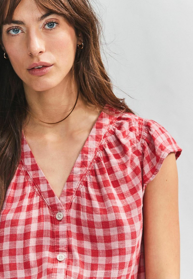 Blend Ruffle Sleeve Blouse - Pink Red Gingham