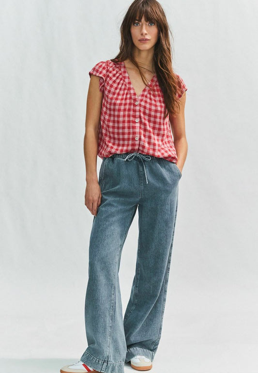Blend Ruffle Sleeve Blouse - Pink Red Gingham