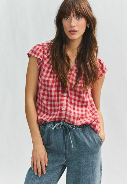 Blend Ruffle Sleeve Blouse - Pink Red Gingham