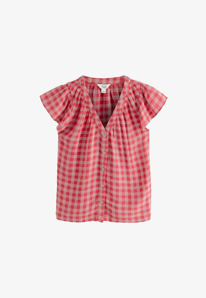 Blend Ruffle Sleeve Blouse - Pink Red Gingham