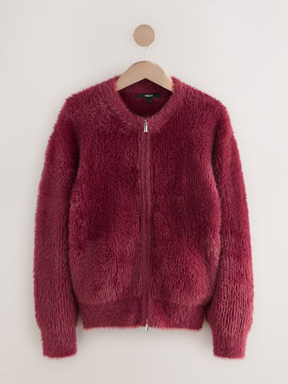 Burgundy Red Teddy Bear Textured Zip Up Bomber Jacket