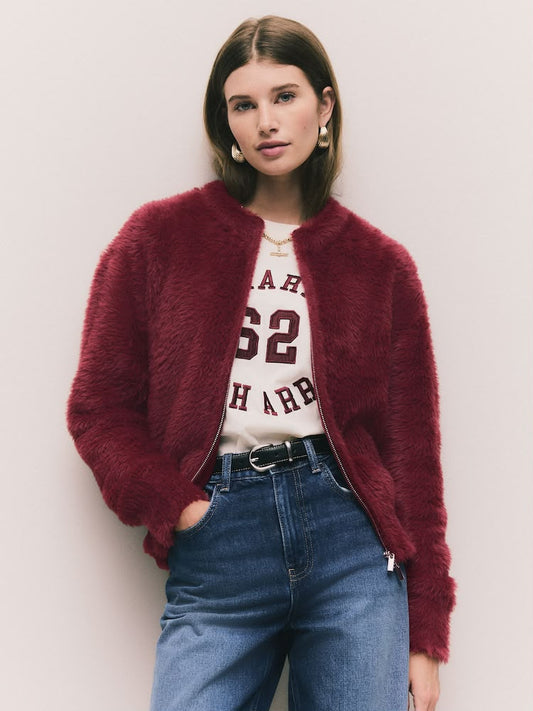 Burgundy Red Teddy Bear Textured Zip Up Bomber Jacket