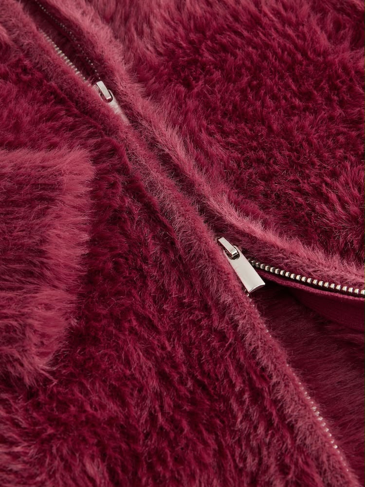 Burgundy Red Teddy Bear Textured Zip Up Bomber Jacket