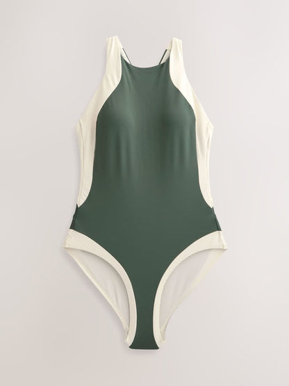 Khaki / Cream High Halterneck Tummy Control Swimsuit