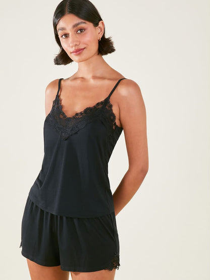 Black Lace Trim Camisole Pyjamas Top