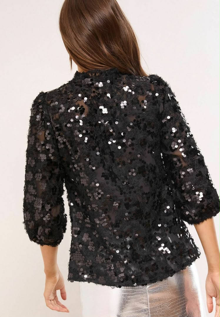 Black Sequin 3/4 Sleeve Blouse