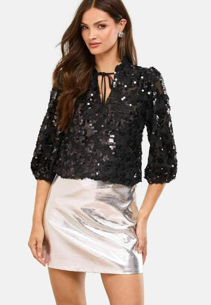 Black Sequin 3/4 Sleeve Blouse