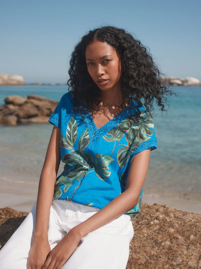 Leaf Short Leave Lace V-Neck Bubble Hem Cotton Top