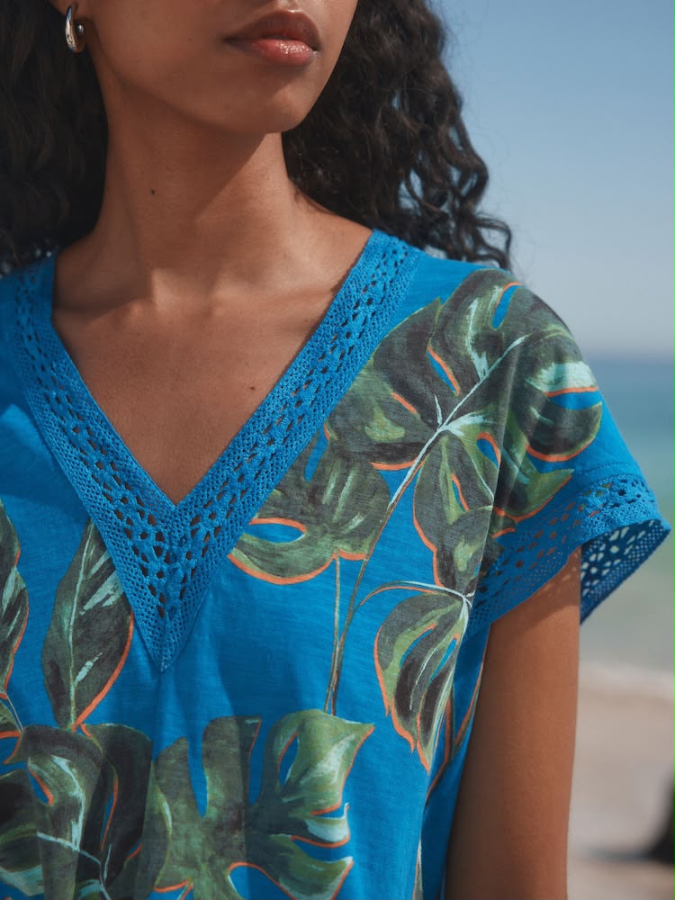 Leaf Short Leave Lace V-Neck Bubble Hem Cotton Top