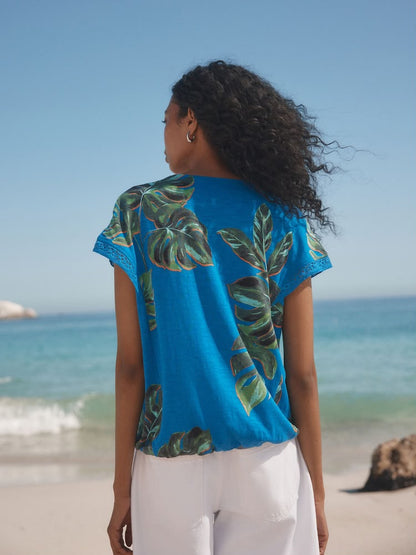 Leaf Short Leave Lace V-Neck Bubble Hem Cotton Top