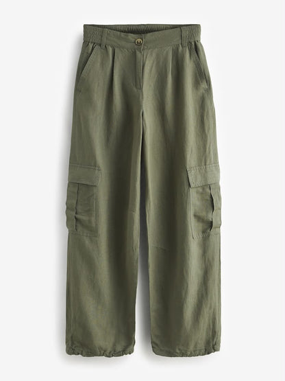 Khaki Green Linen Blend Cargo Trouser