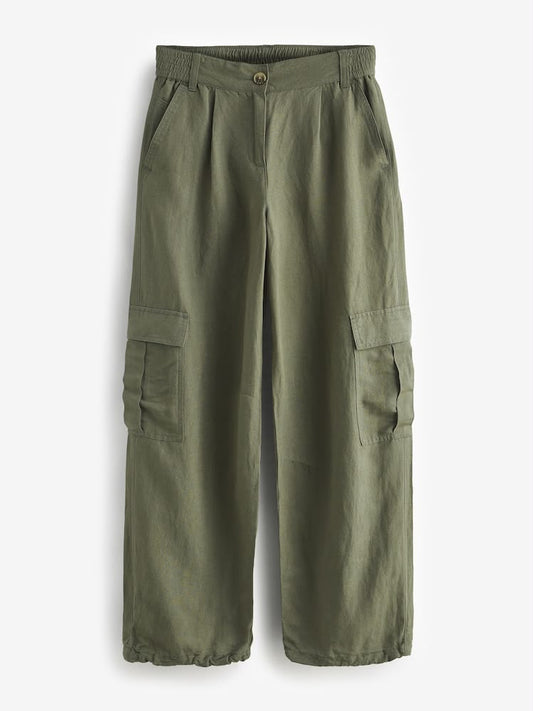 Khaki Green Linen Blend Cargo Trouser