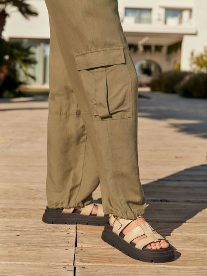 Khaki Green Linen Blend Cargo Trouser