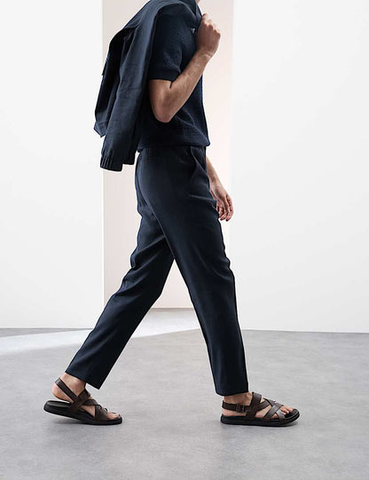 Tapered Fit Italian Linen Blend Elasticated Trousers-Navy