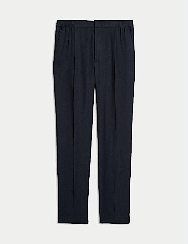 Tapered Fit Italian Linen Blend Elasticated Trousers-Navy
