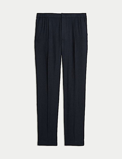 Tapered Fit Italian Linen Blend Elasticated Trousers-Navy