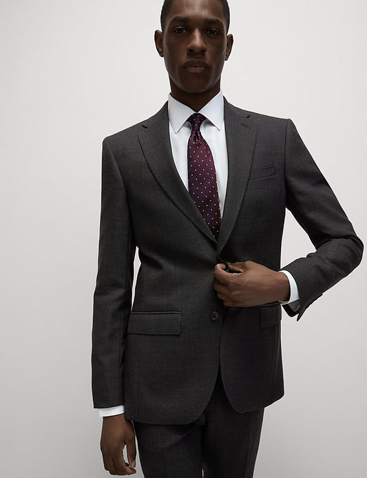 Slim Fit Pure Wool Textured Suit Jacket Charcoal
