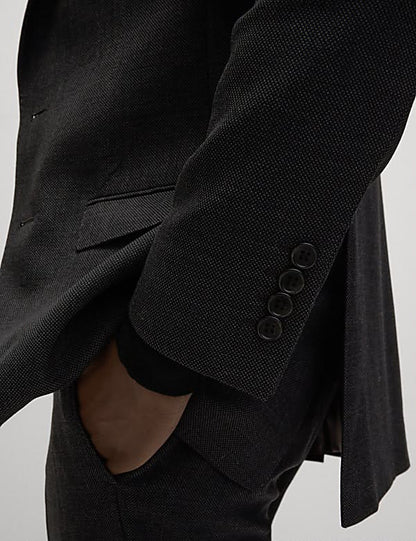 Slim Fit Pure Wool Textured Suit Jacket Charcoal