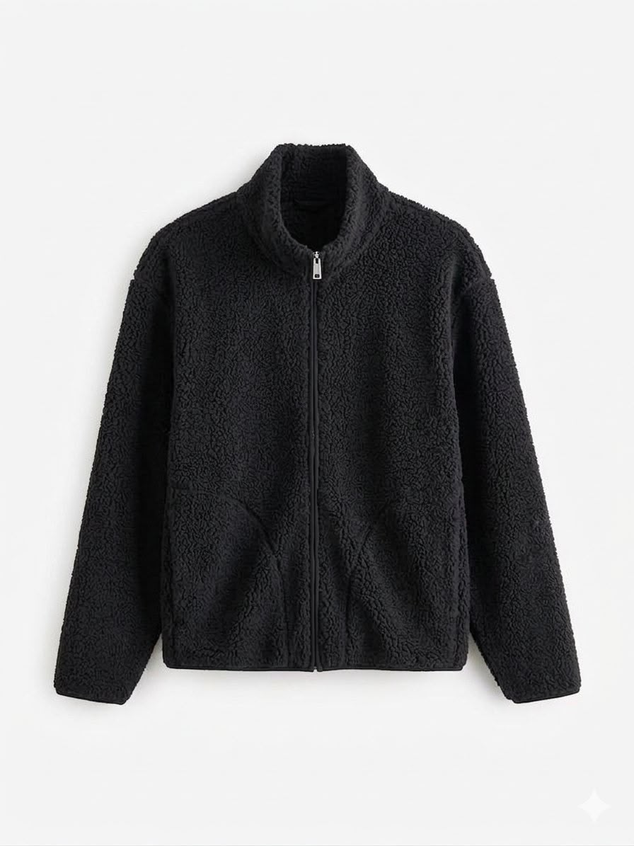 Black Funnel Neck Borg Fleece Lined Jacket
