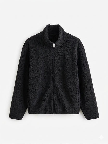 Black Funnel Neck Borg Fleece Lined Jacket