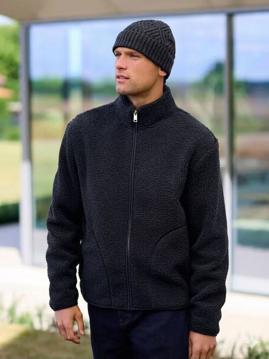 Black Funnel Neck Borg Fleece Lined Jacket