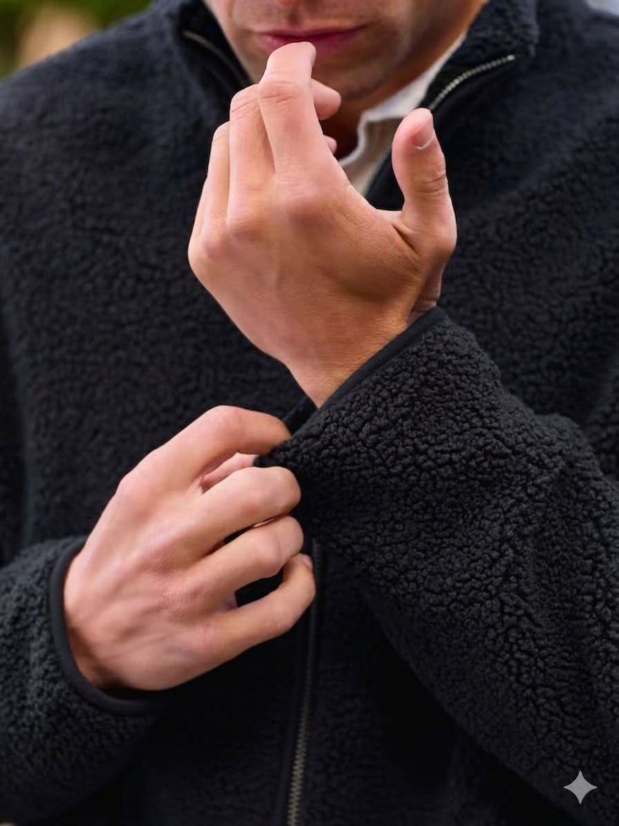 Black Funnel Neck Borg Fleece Lined Jacket