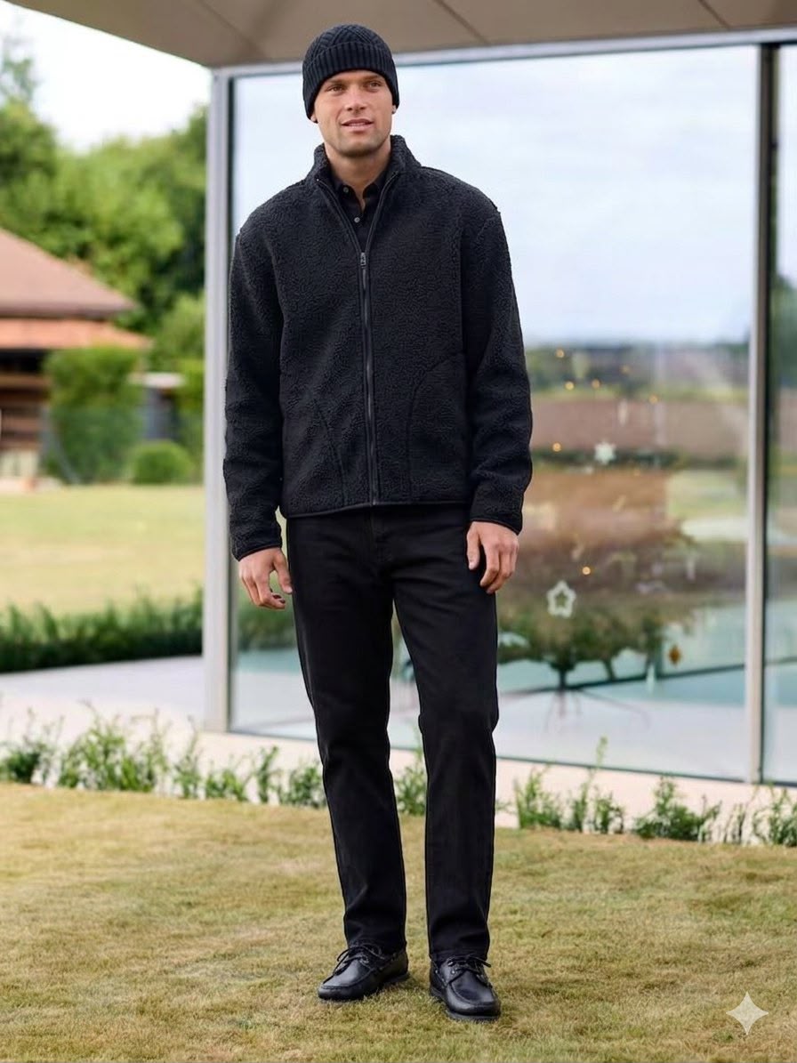 Black Funnel Neck Borg Fleece Lined Jacket