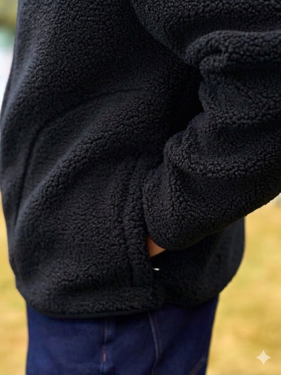 Black Funnel Neck Borg Fleece Lined Jacket