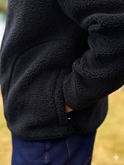 Black Funnel Neck Borg Fleece Lined Jacket