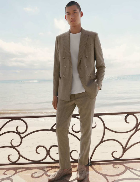 Tailored Fit Italian Performance Linen Blend Pinstriped Trousers