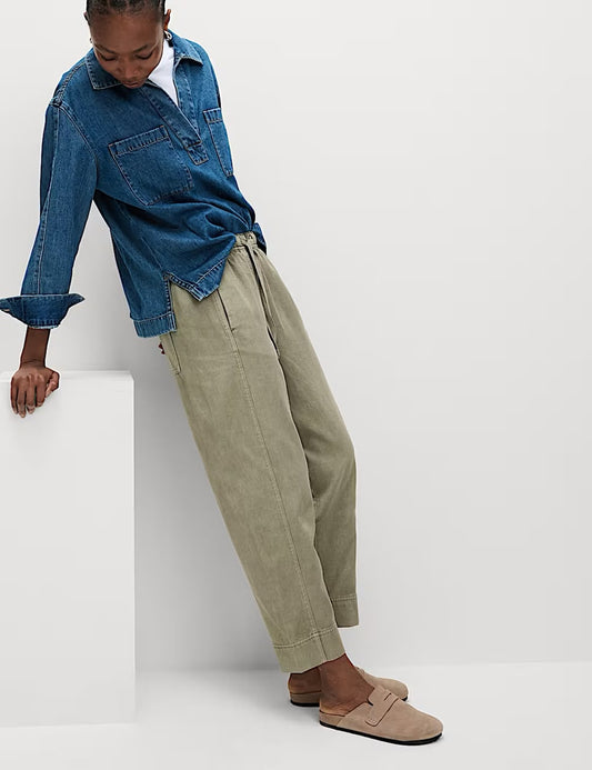 Drawstring Pull On Garment Dye Cropped Tropped Tapered Trouser