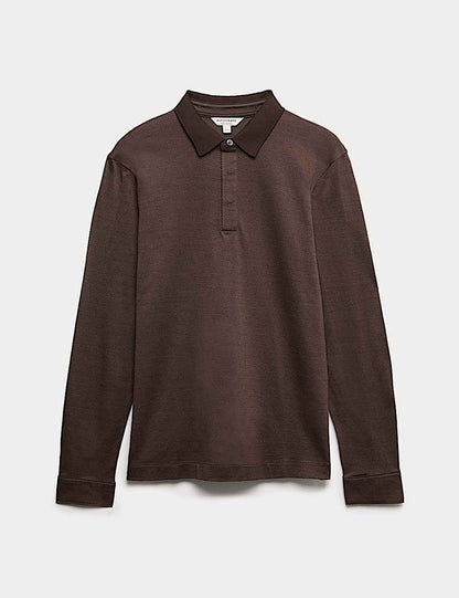 Long Sleeve Polo Shirt Embossed Texture Made Off 100% Cotton