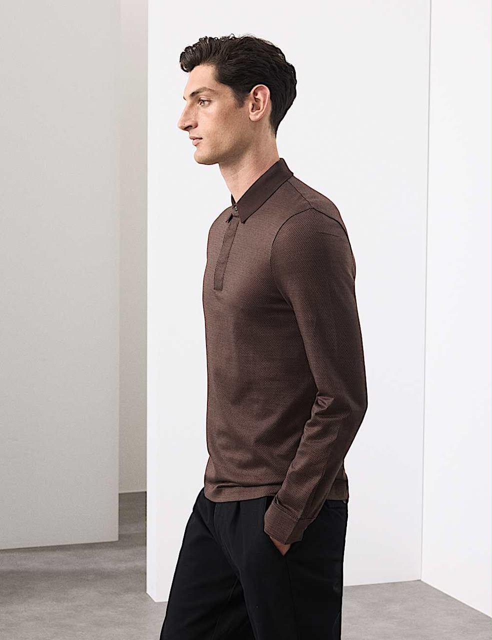 Long Sleeve Polo Shirt Embossed Texture Made Off 100% Cotton